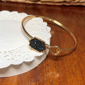 Glimmering Black Druzy Hexagon on Double Wired, Bangle Bracelet